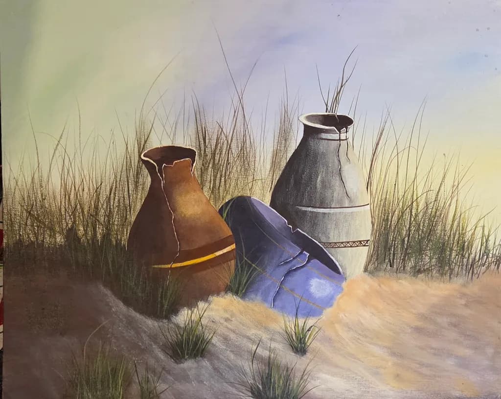Cracked Clay Vessels in Grass