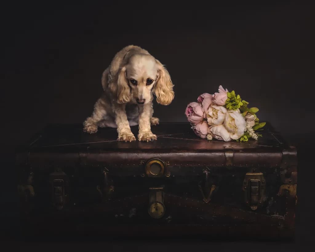 Dog with Flowers on Trunk