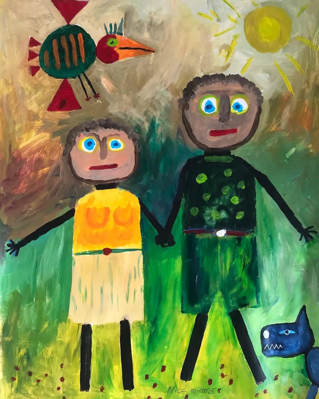 Sun and Figures with Bird and Dog