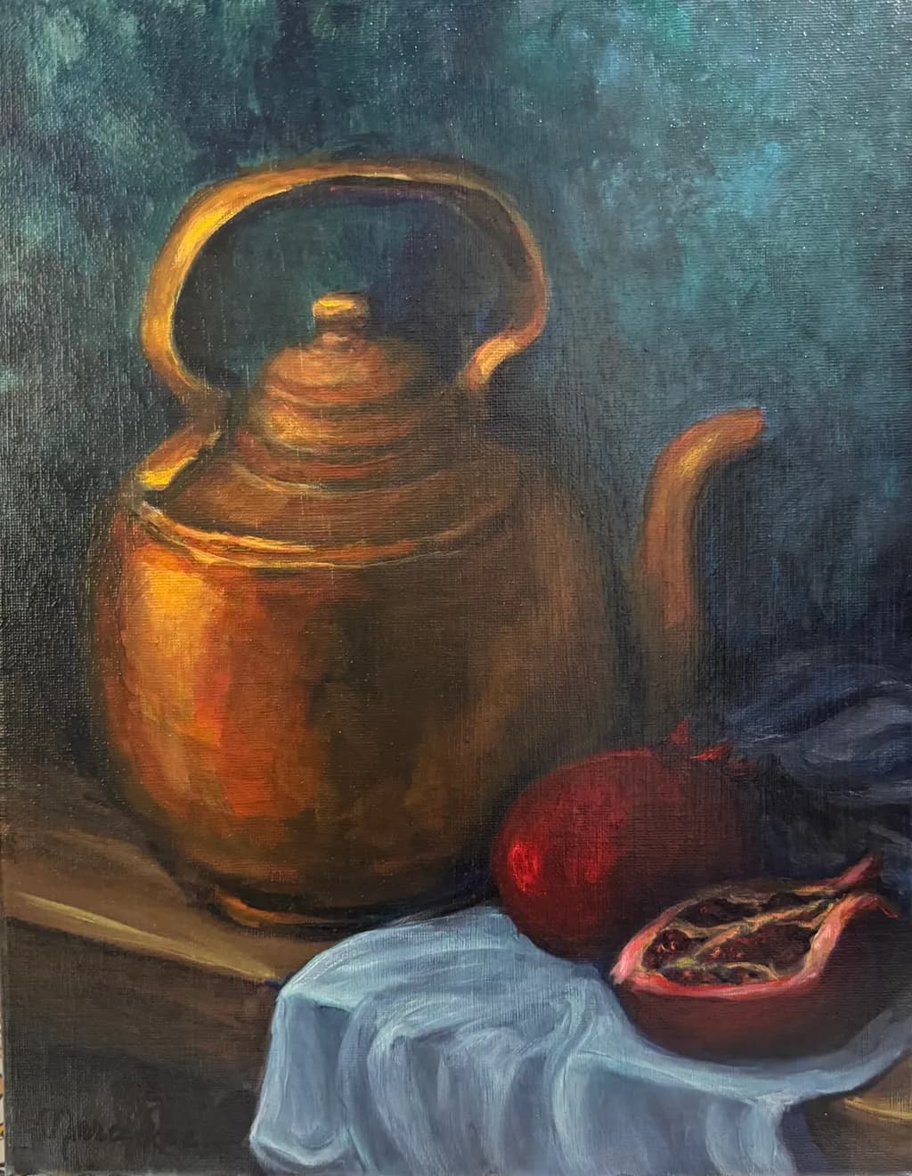 Copper kettle and pomegranates