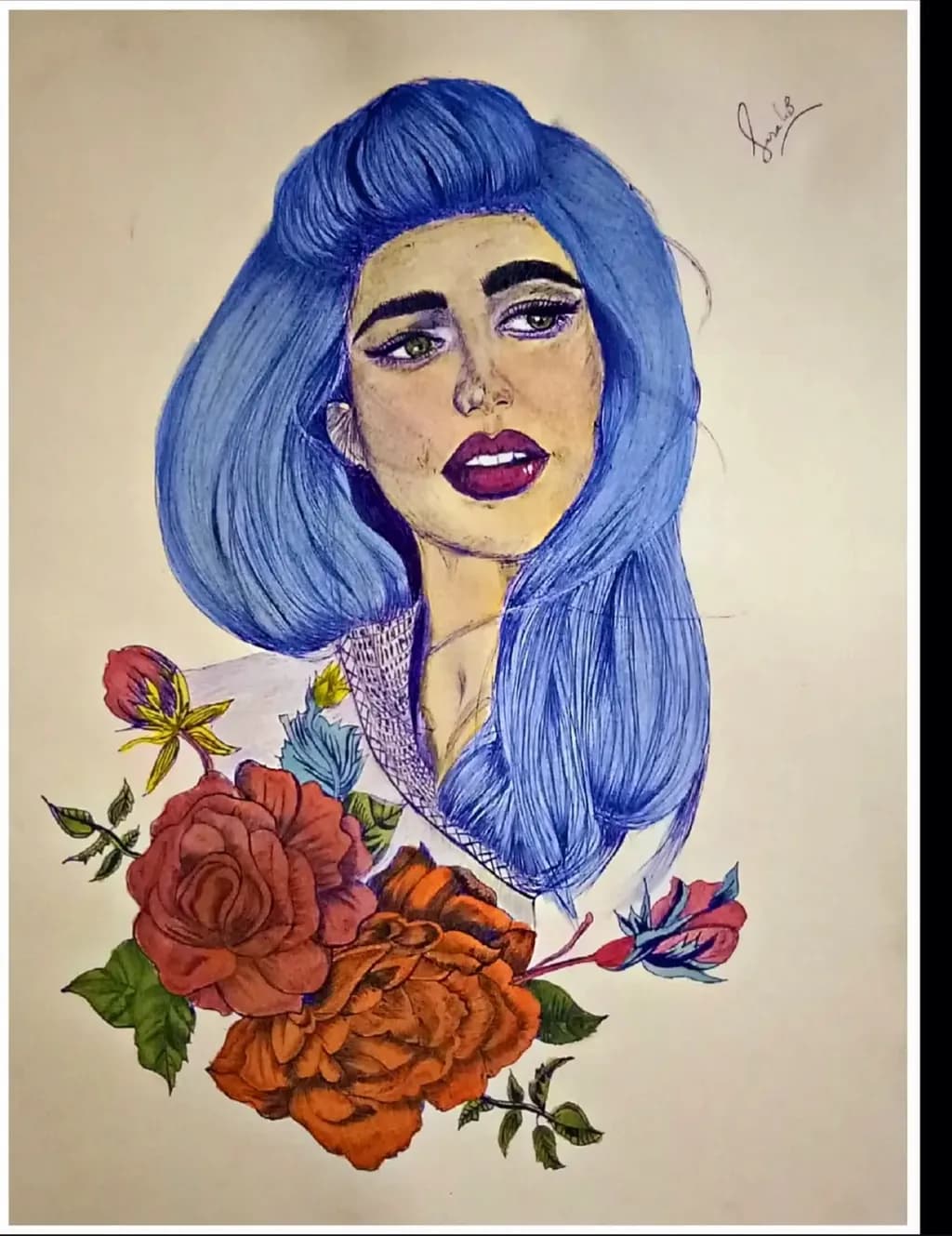 Blue-Haired Woman with Roses