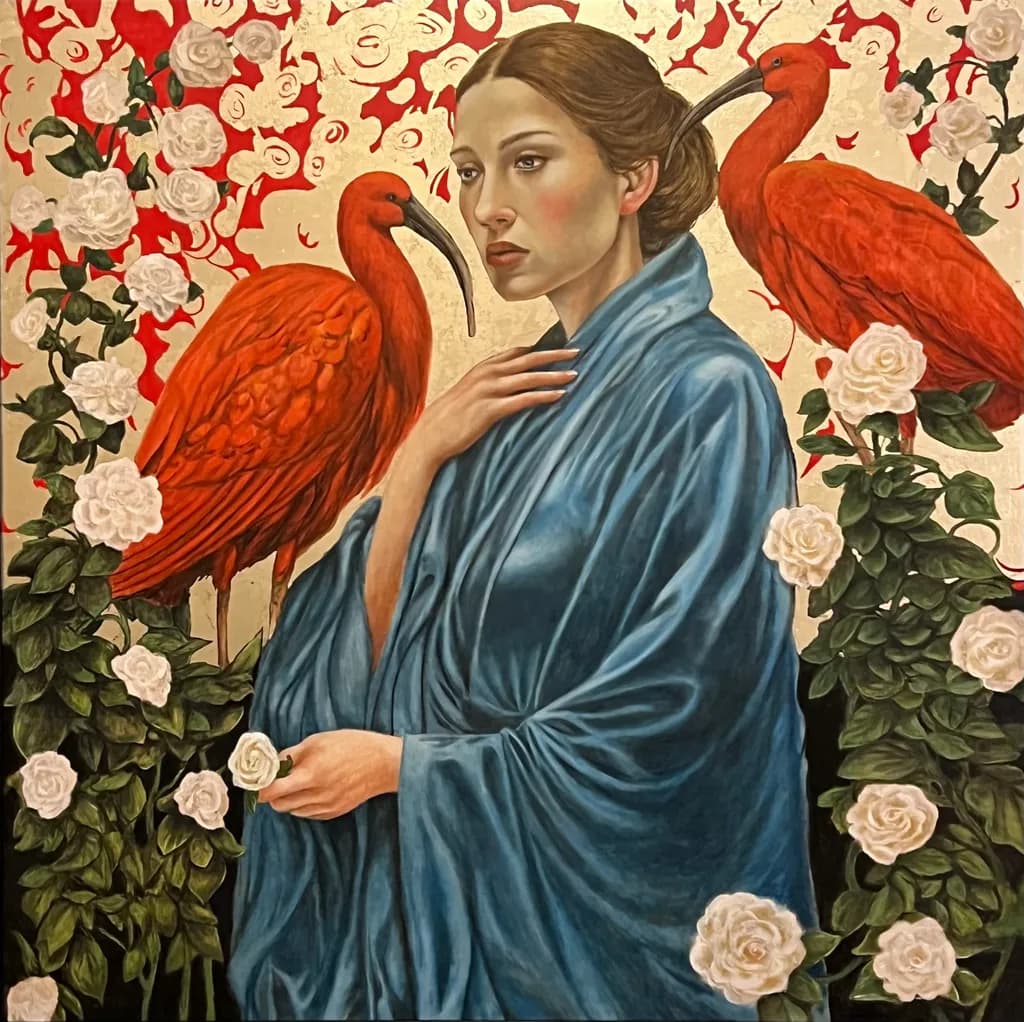 Woman with Scarlet Ibises and Roses