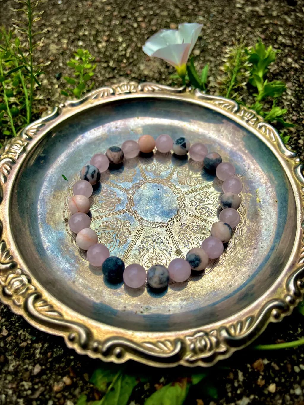 Rose Quartz Bracelet on Silver Tray