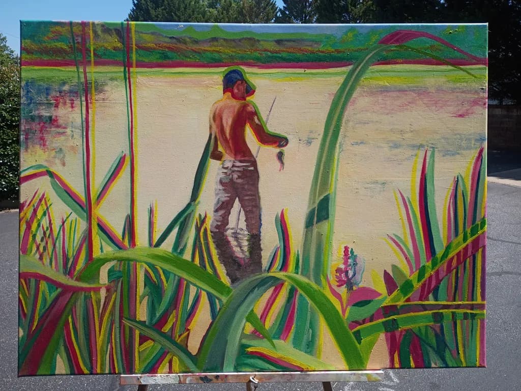 Fishing by the Lake with Reeds