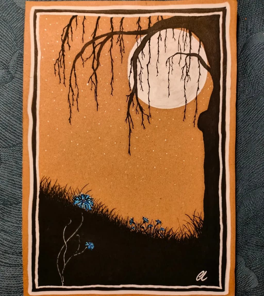 Moonlit Tree and Flowers
