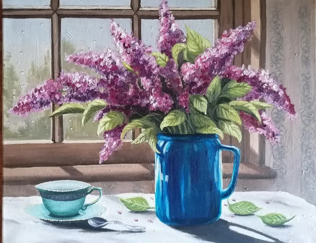 Lilac Bouquet with Blue Jug