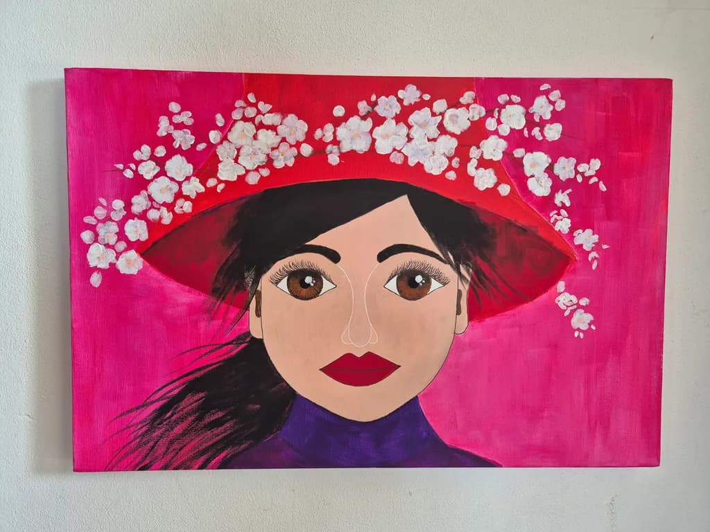 Woman with Red Hat and Flowers