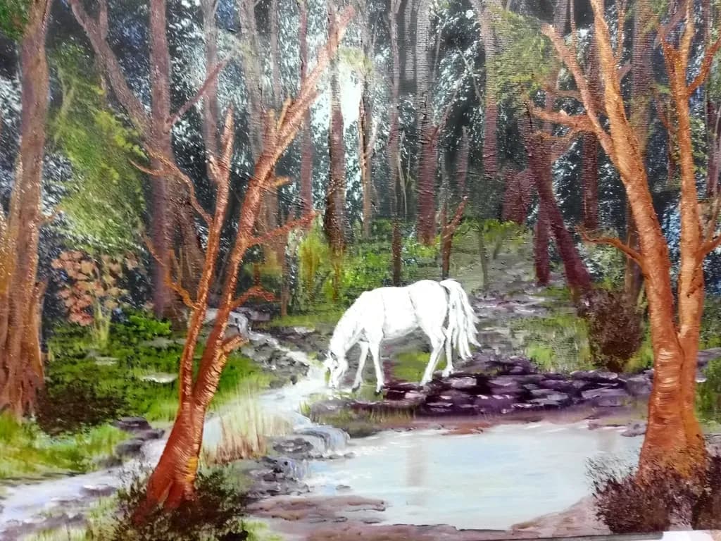 Forest Stream with White Horse