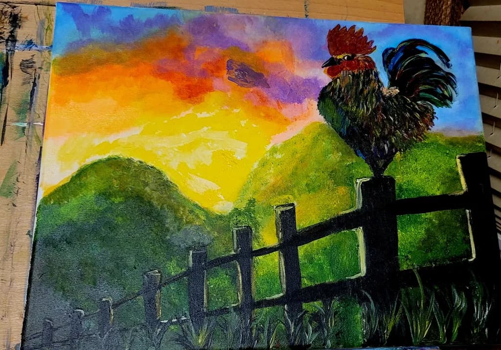 Rooster on Fence at Sunrise