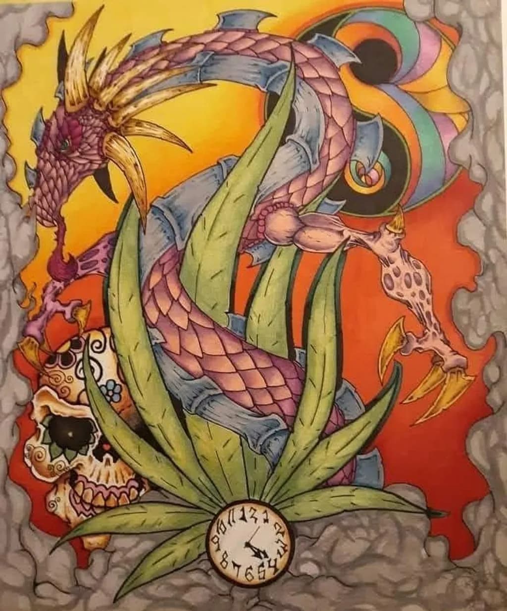Dragon with Clock and Skull
