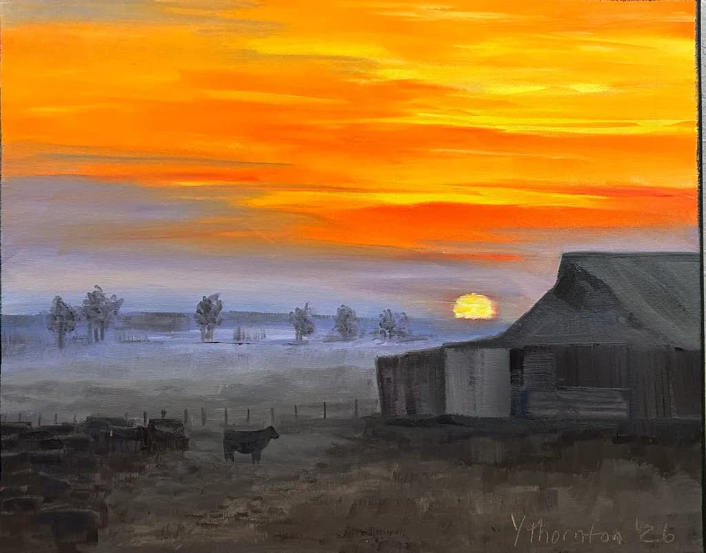 Sunset Over Barn and Pasture