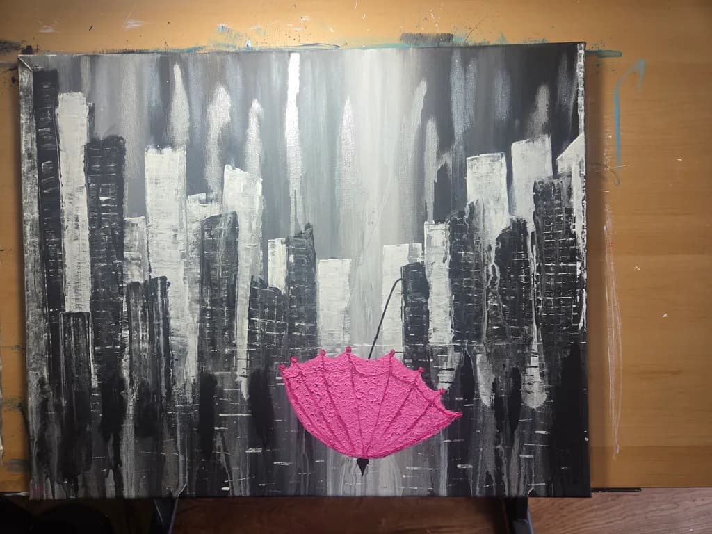 Urban Skyline with Pink Umbrella
