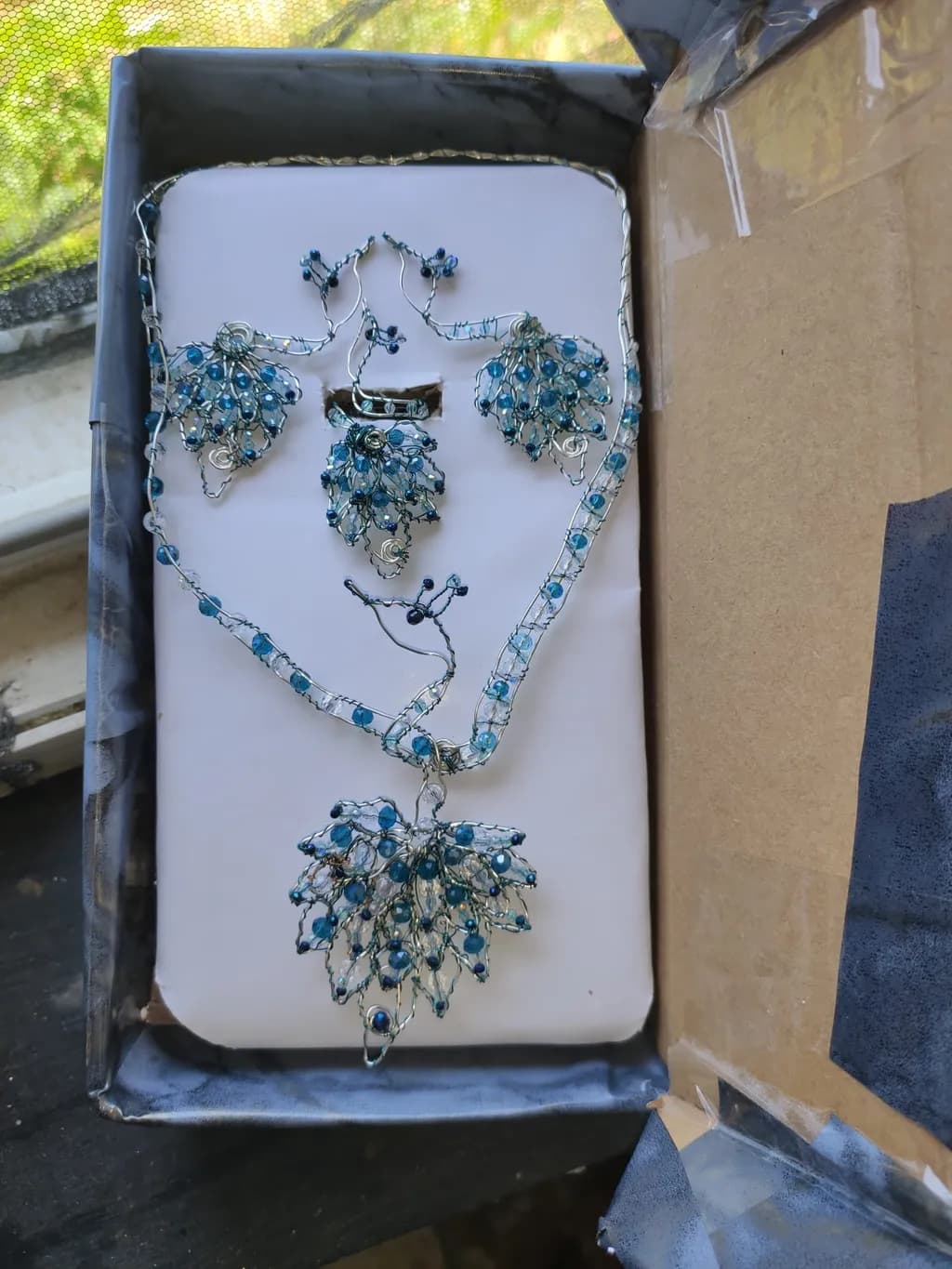 Blue Beaded Wire Leaves