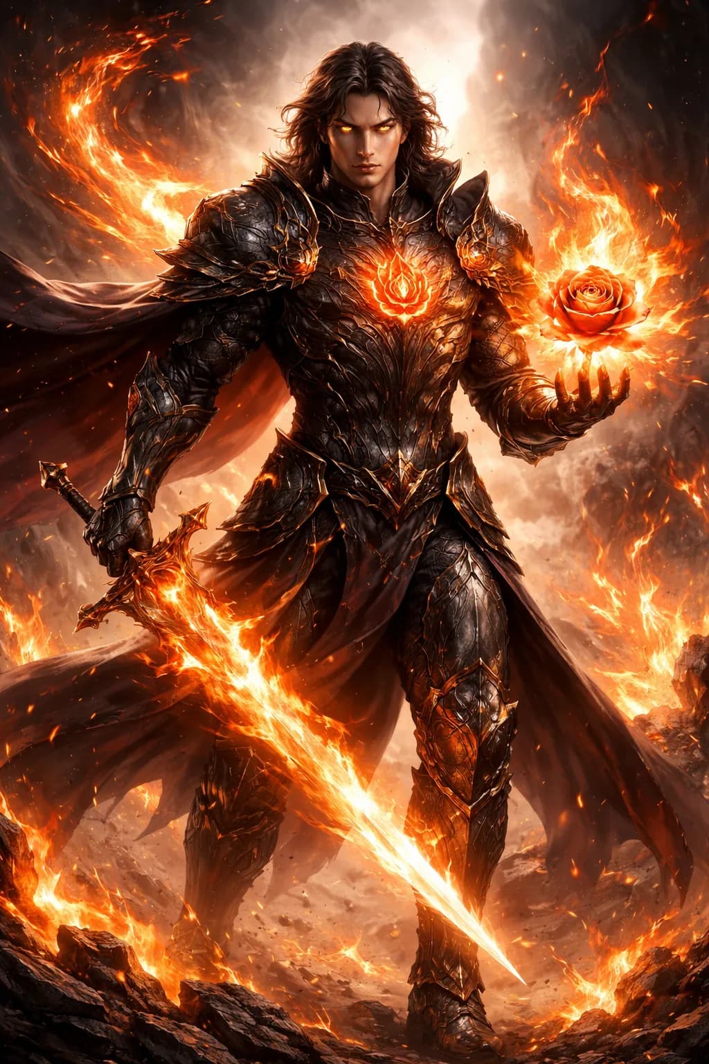Flaming Warrior with Sword and Rose