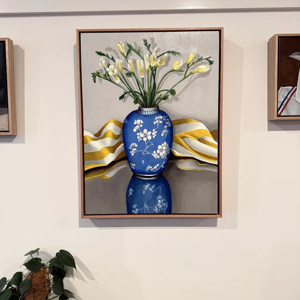 Blue and White Vase with Freesias