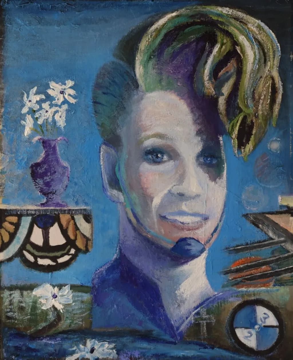 Blue Portrait with Flowers