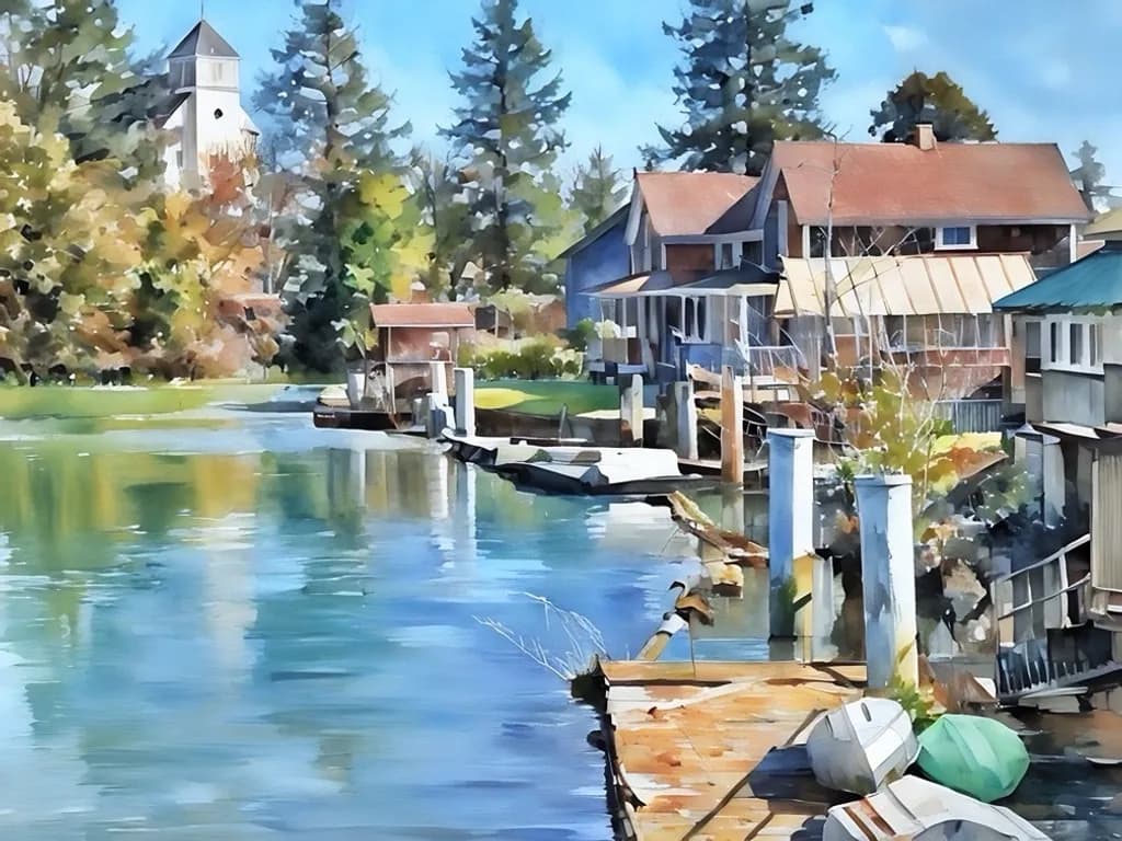 Lakeside Boathouses watercolor