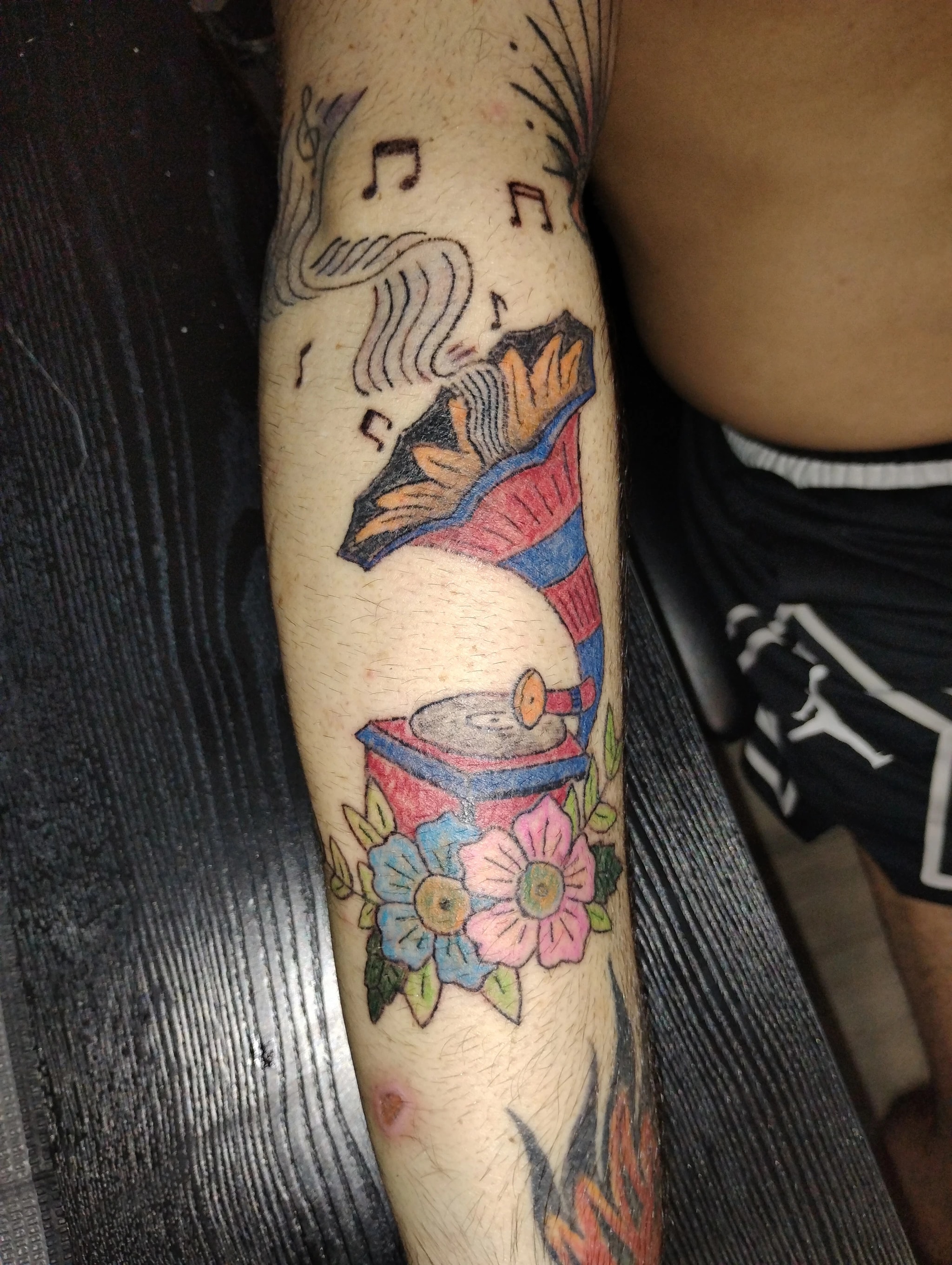 Gramophone and Flowers Tattoo