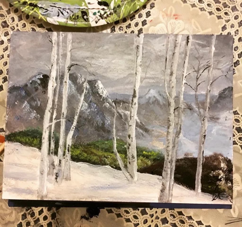 Birch Trees in Snowy Mountains