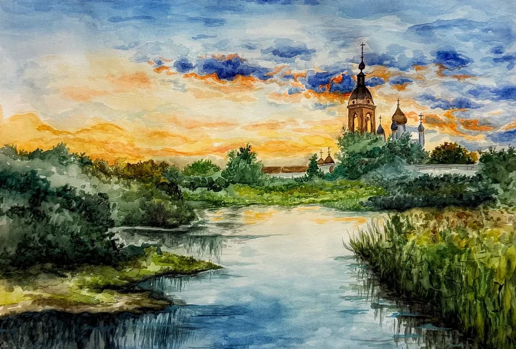 Sunset Over River and Church