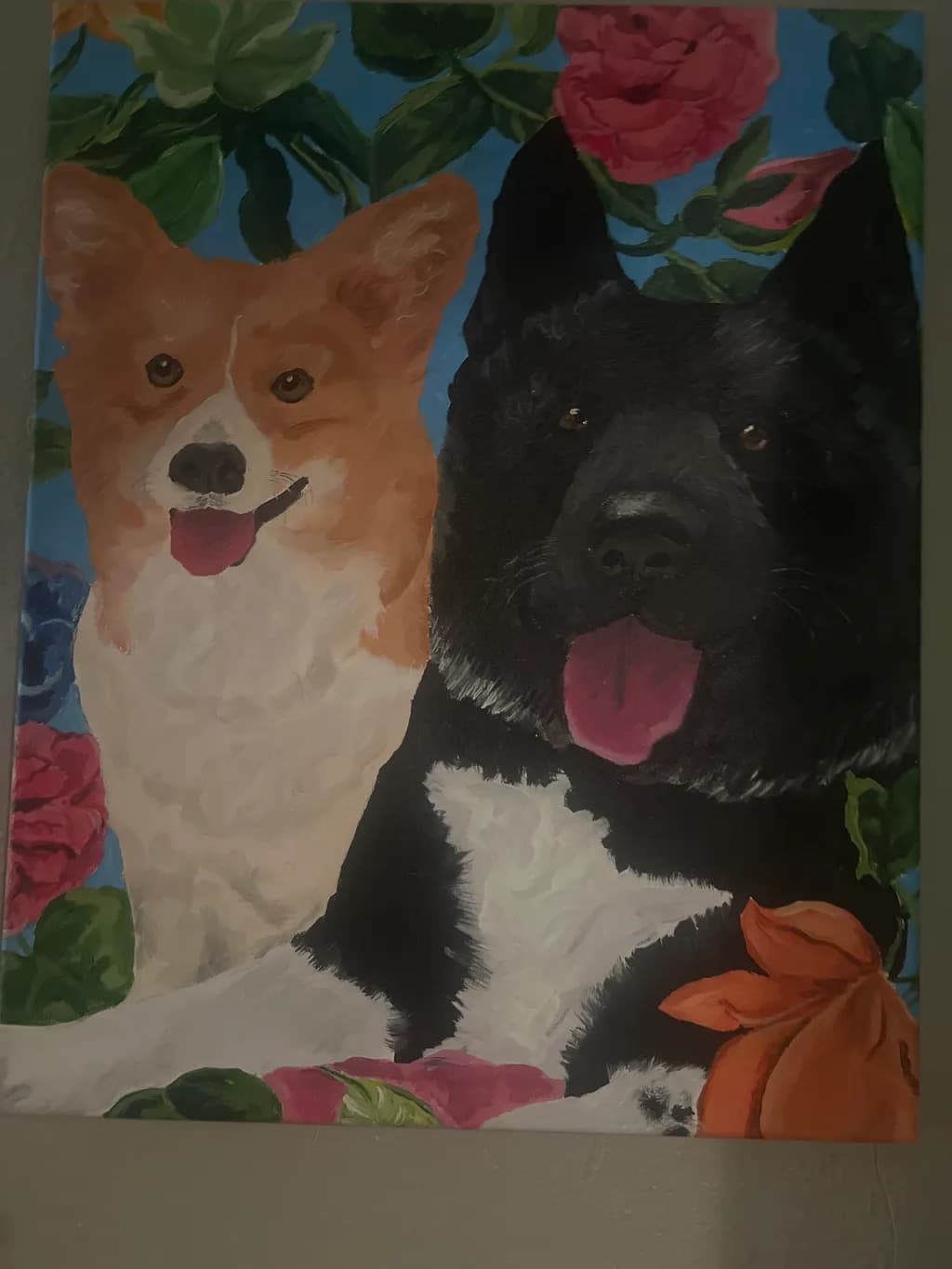 Two Dogs Among Flowers