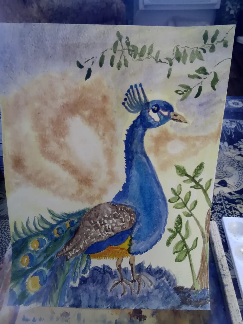 Blue Peacock with Foliage