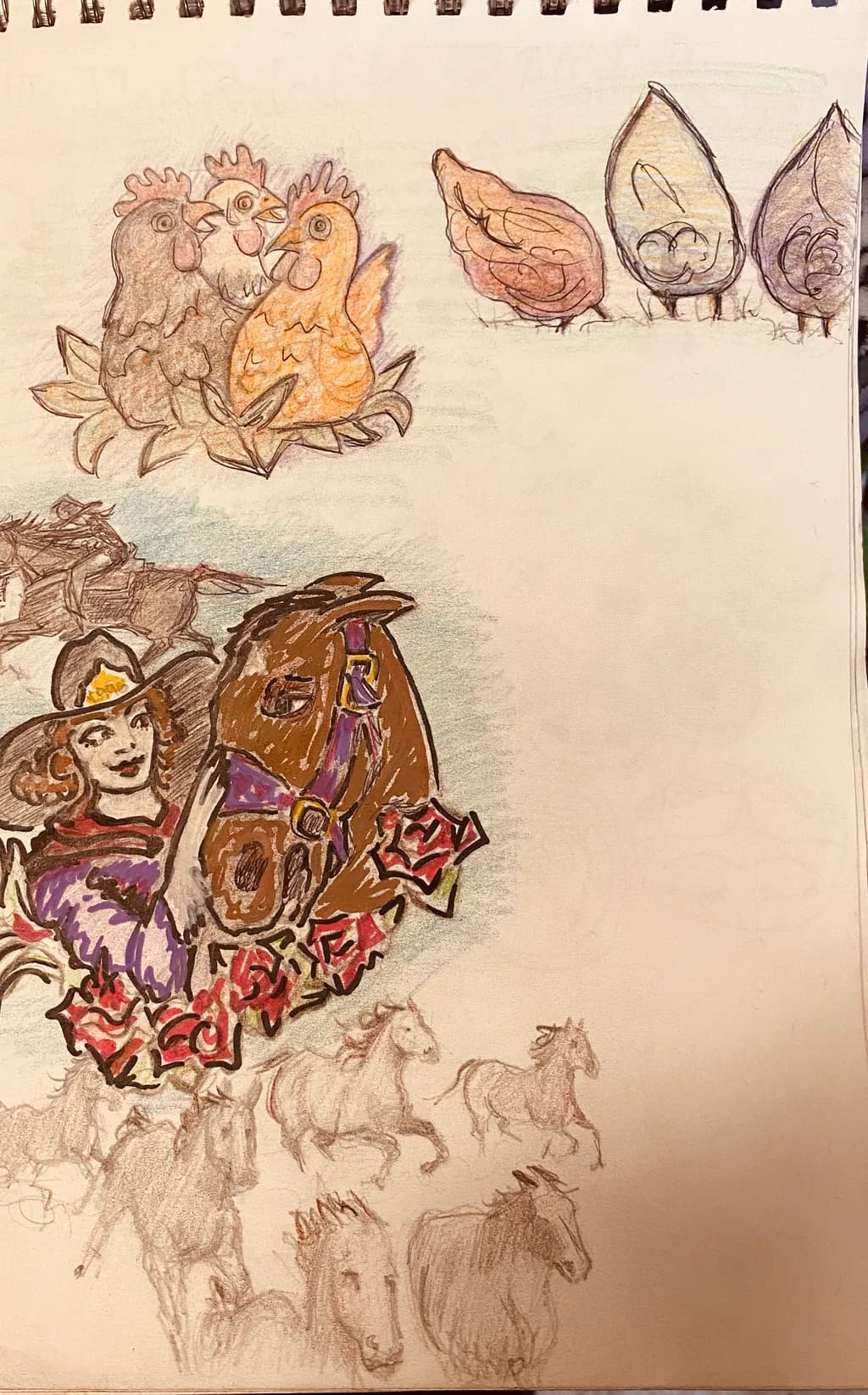 Cowgirl and Horses with Chickens