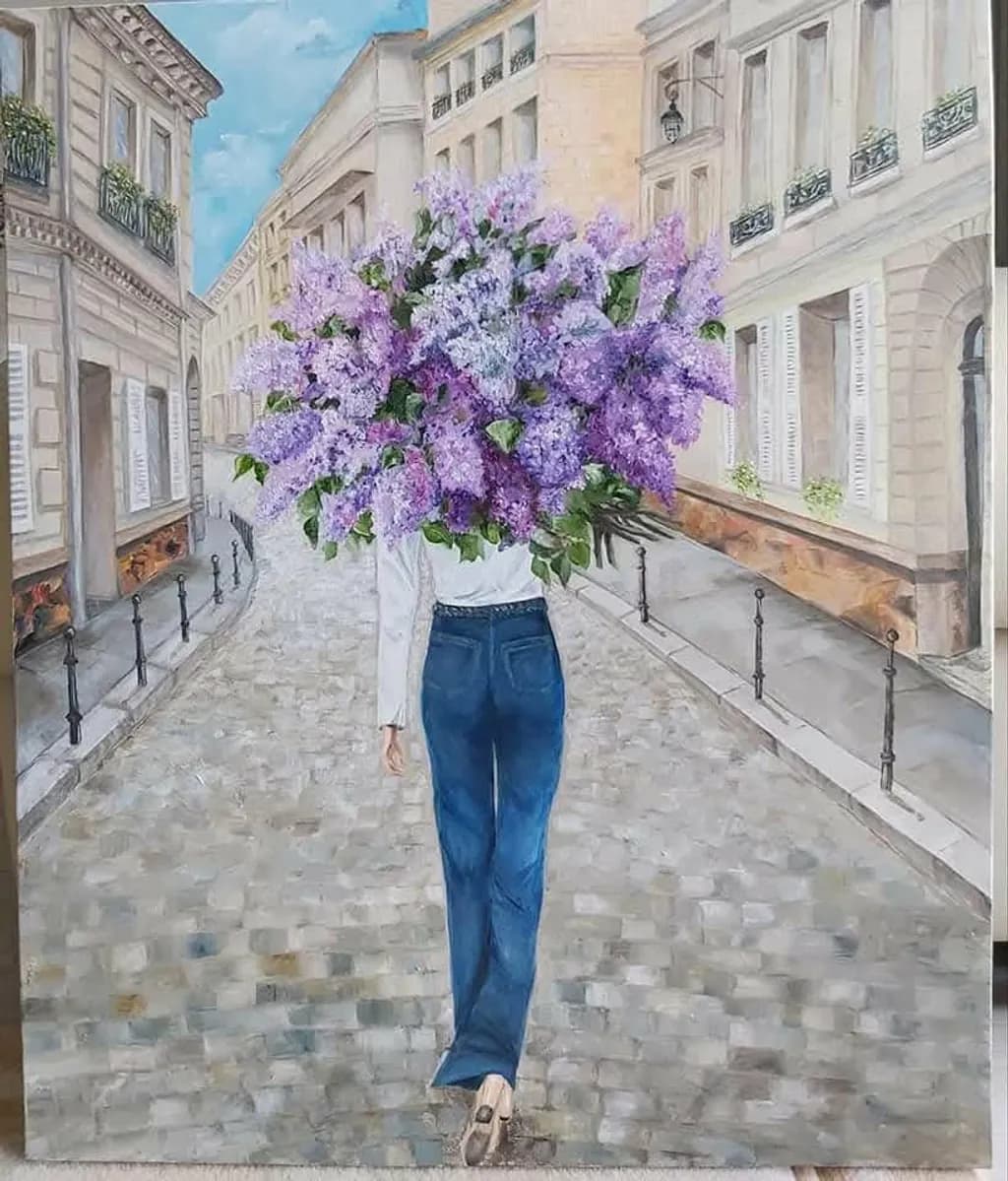 Woman with Lilac Bouquet on Street