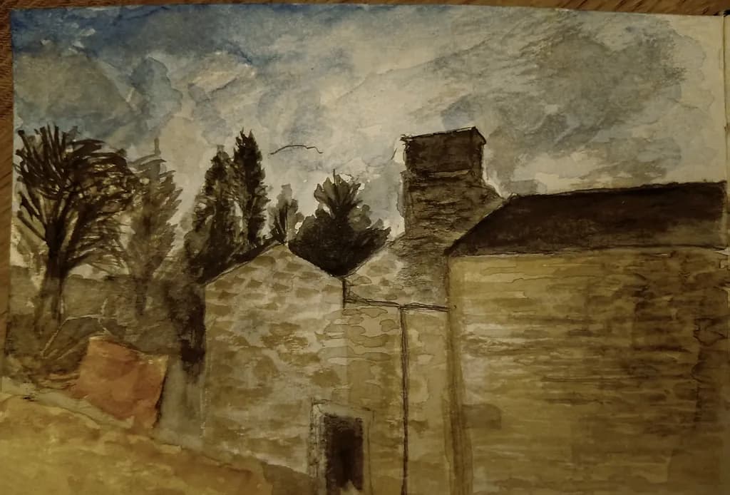 Stone Buildings and Trees
