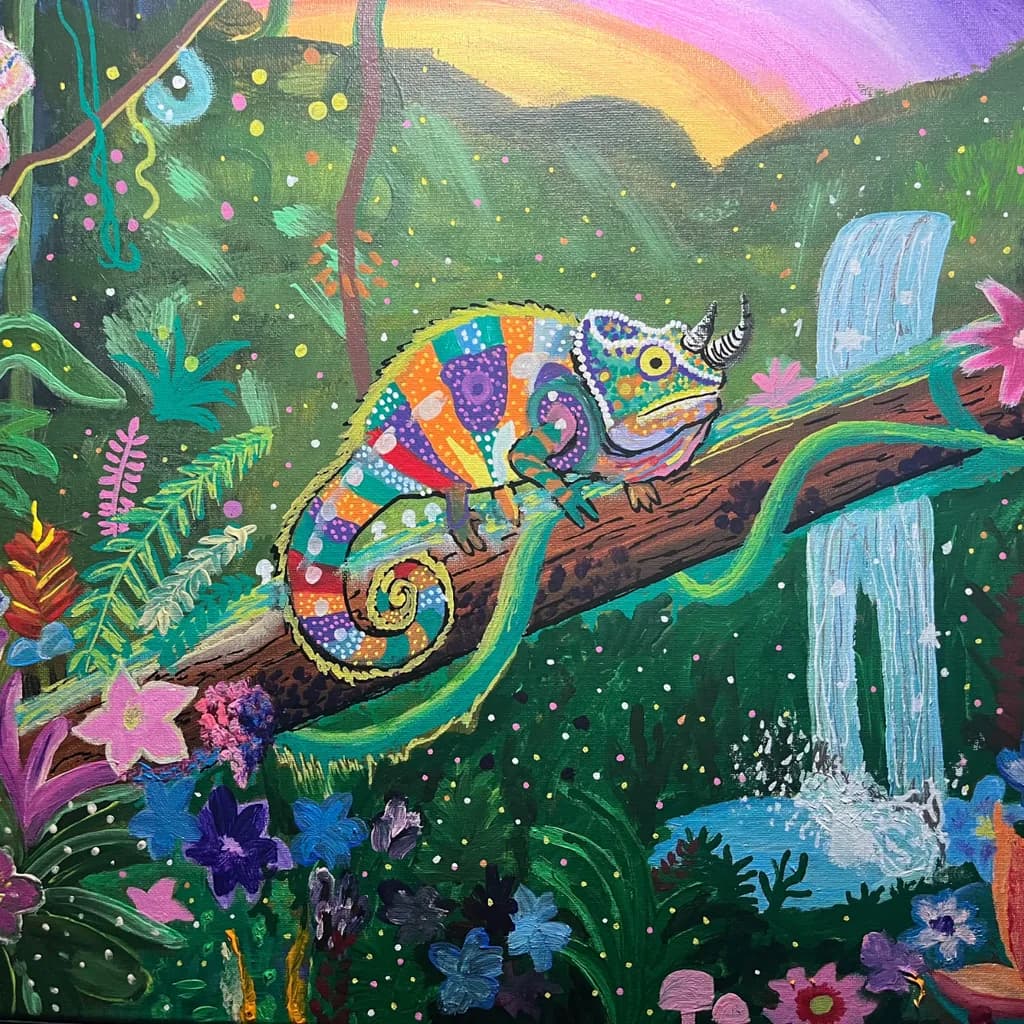 Chameleon in Forest Waterfall