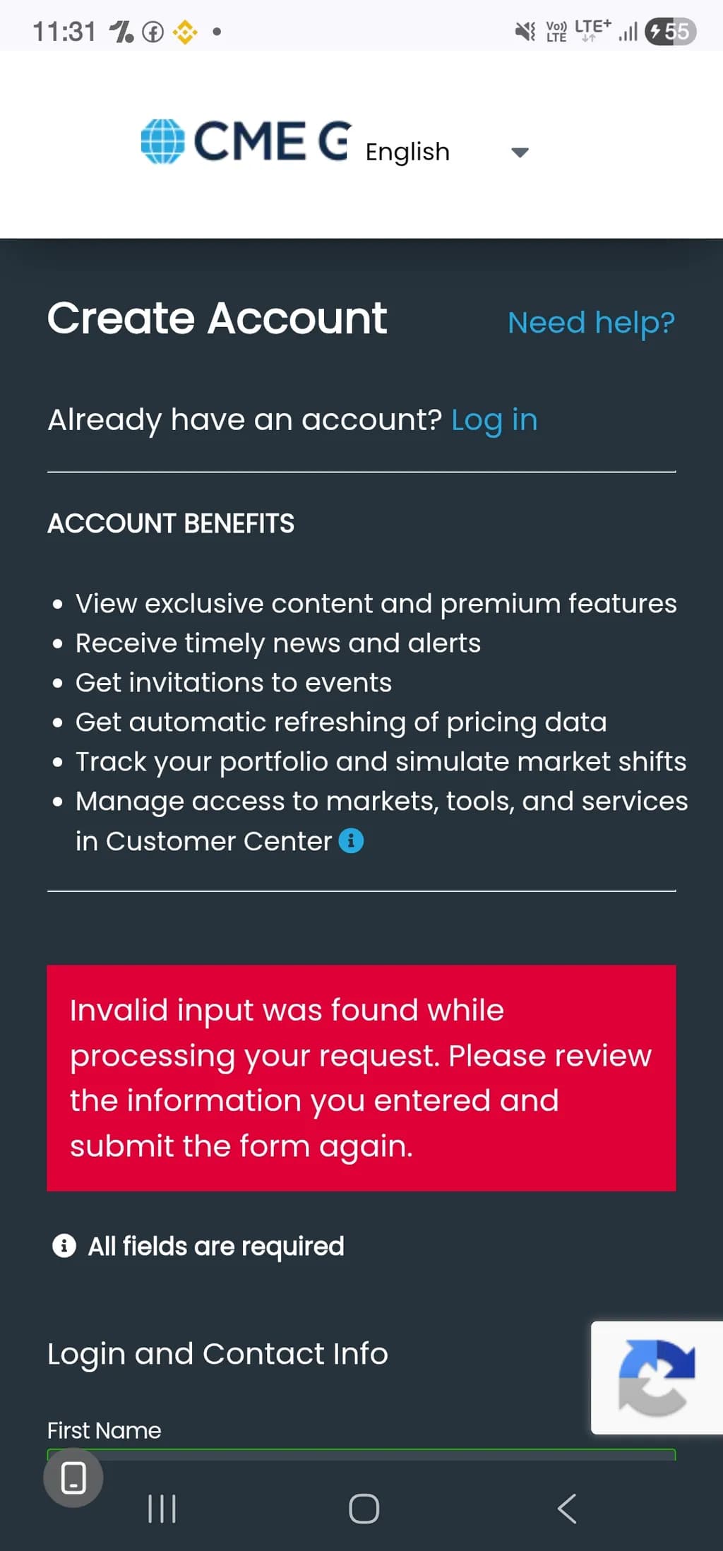 Create Account Alert