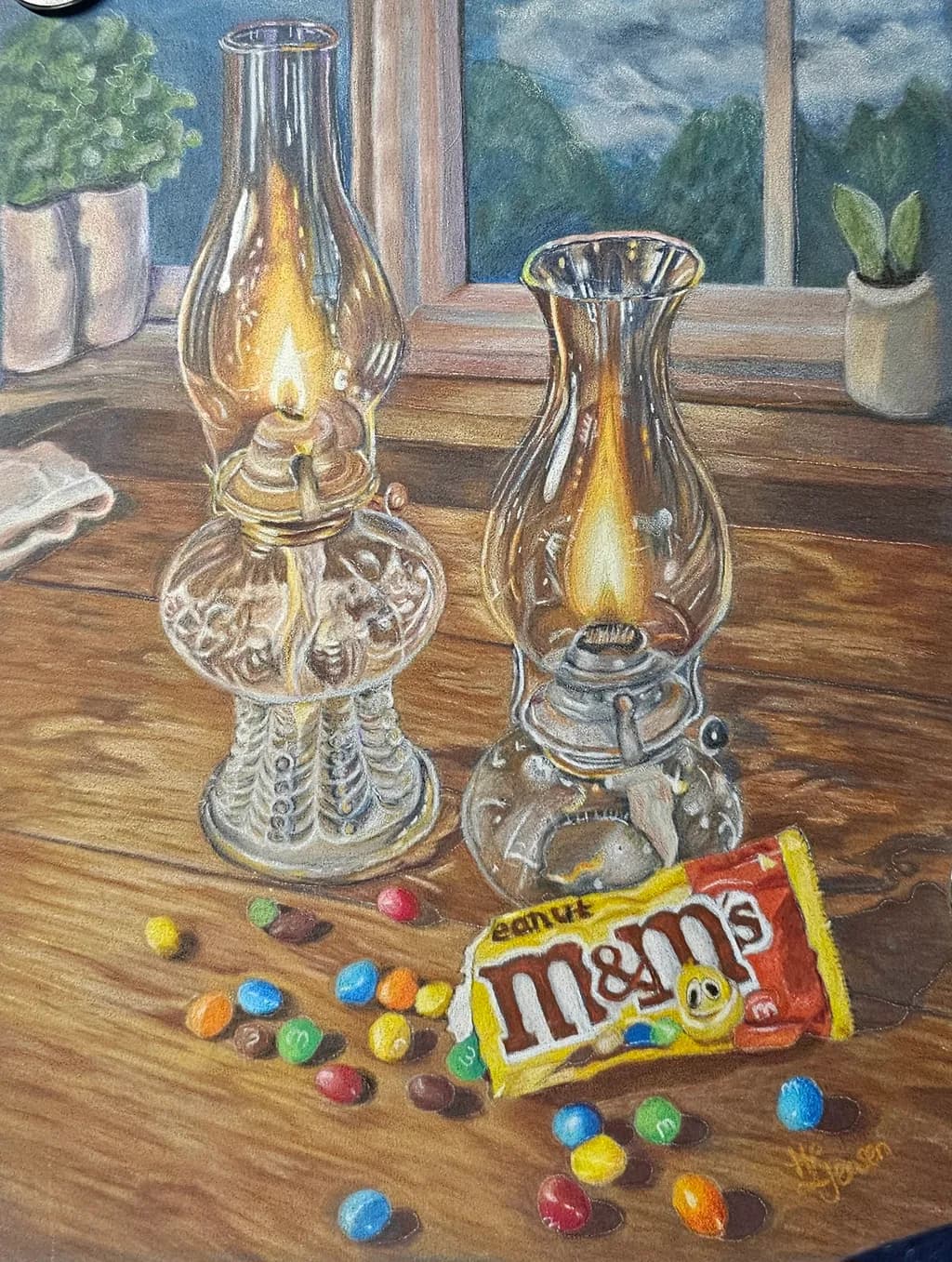 Oil Lamps and M&M's on Wood