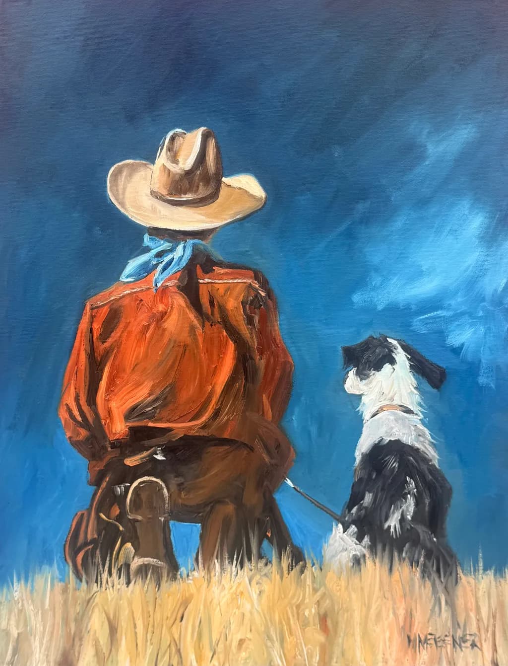 Cowboy and Dog in Field