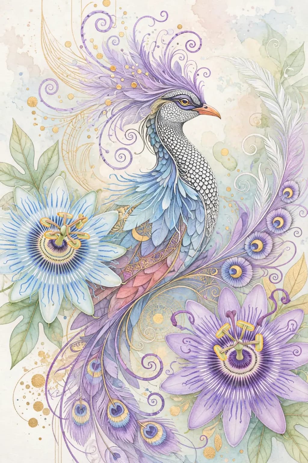 Ornate Peacock and Flowers