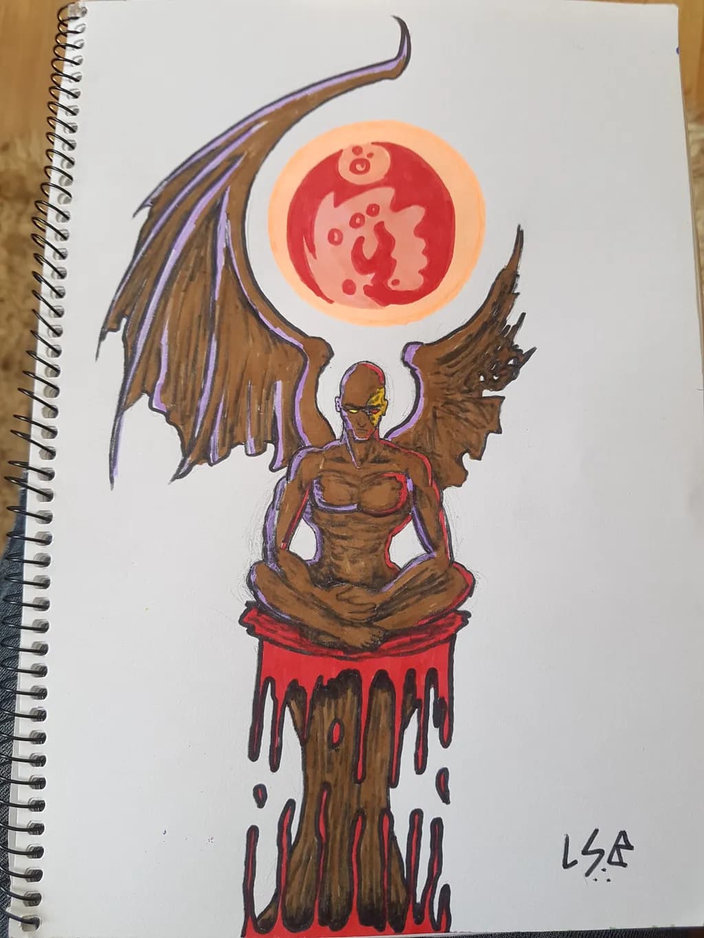 Winged Meditation Under Red Moon