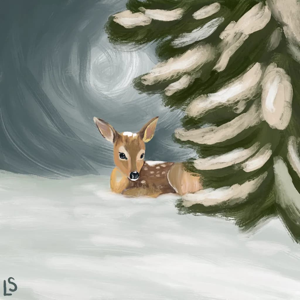 Snowbound Fawn beneath Pine Boughs