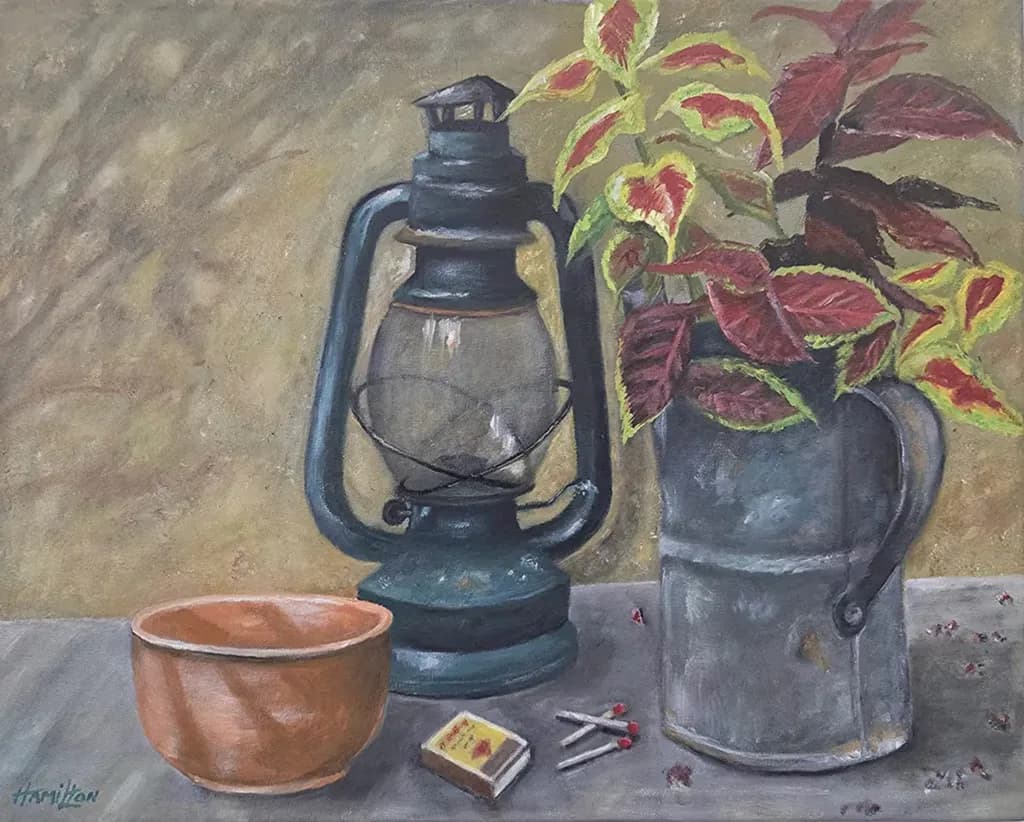 Lantern and Painted Leaves