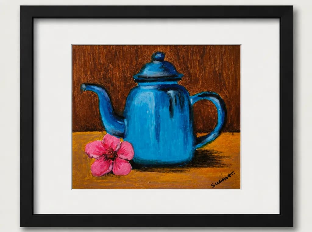 Blue Teapot and Pink Flower