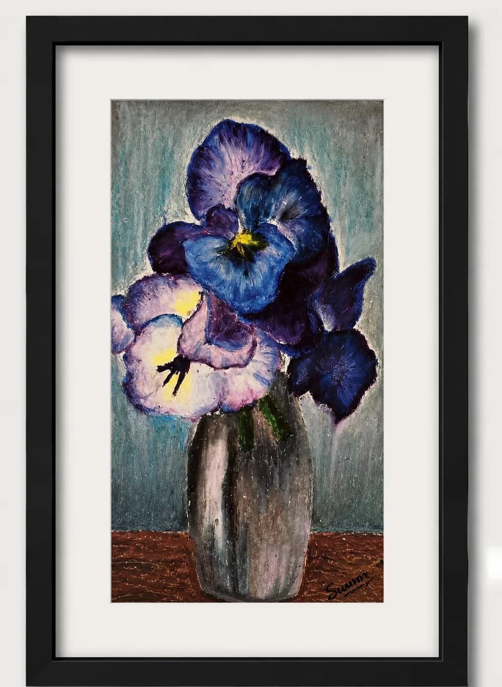 Violet Pansies in a Weathered Vase