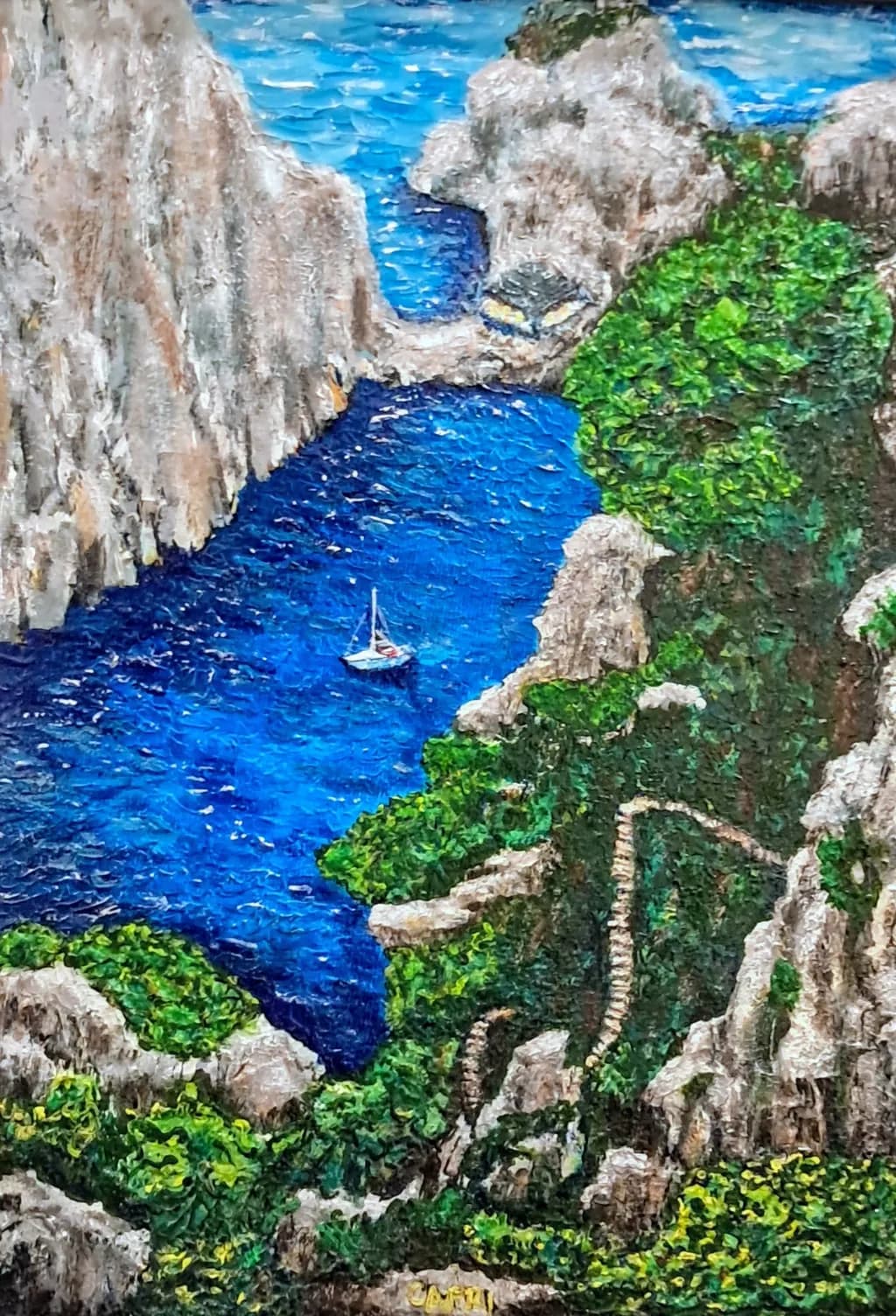 Sailboat Through Coastal Cliffs