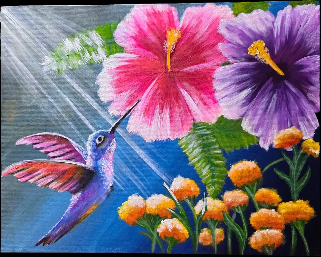 Hummingbird Among Hibiscus