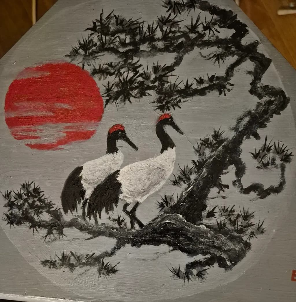 Cranes Beneath the Red Sun