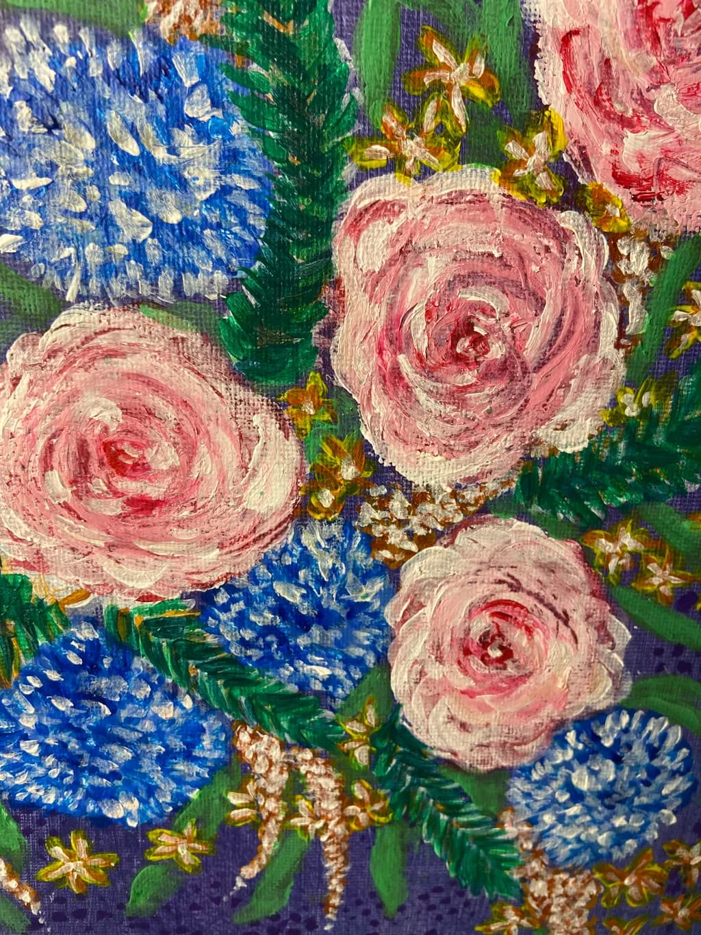 Pink Roses and Blue Blossoms