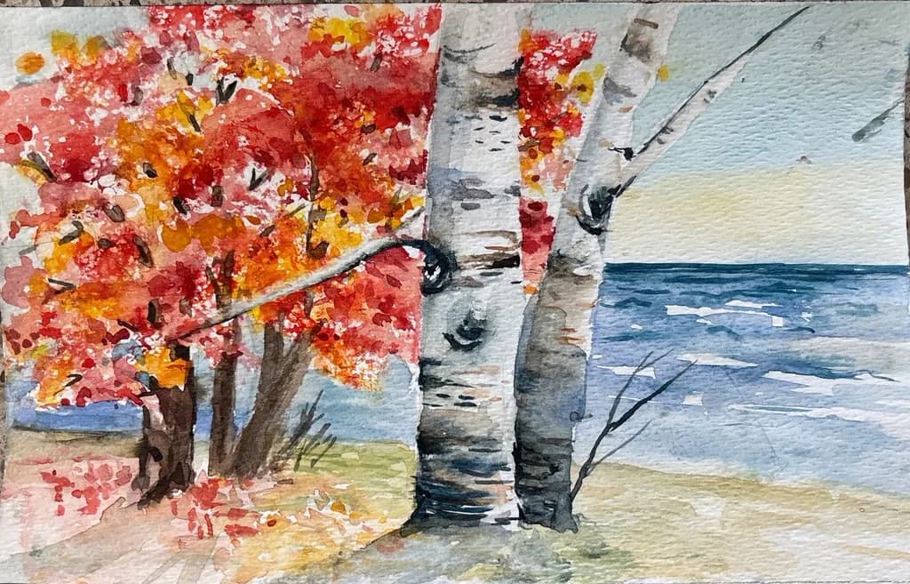 Birches and Maple Tree at the Shore