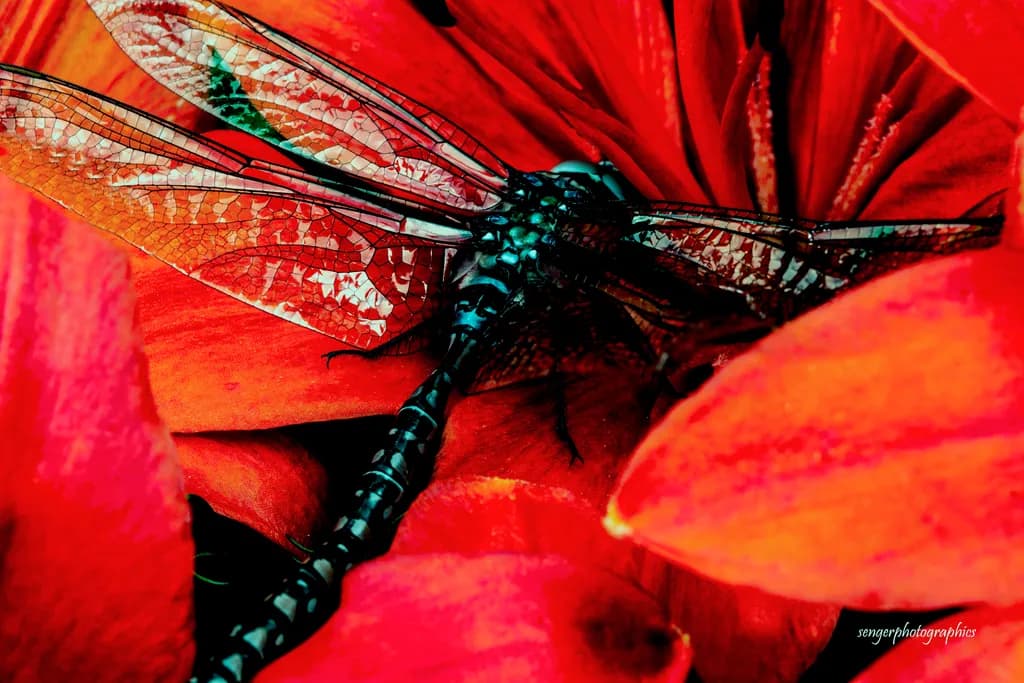 Dragonfly on Red Petals