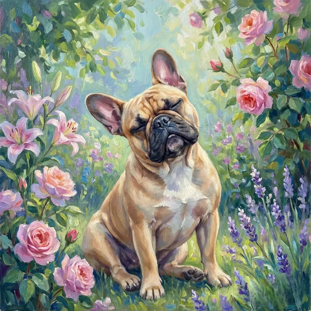 French Bulldog Among Roses