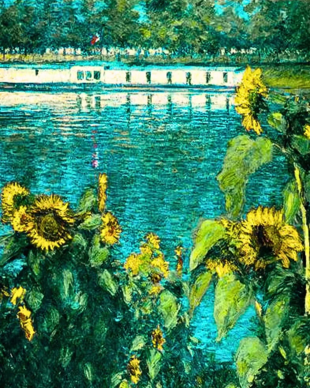 Sunflowers by the Turquoise Pond