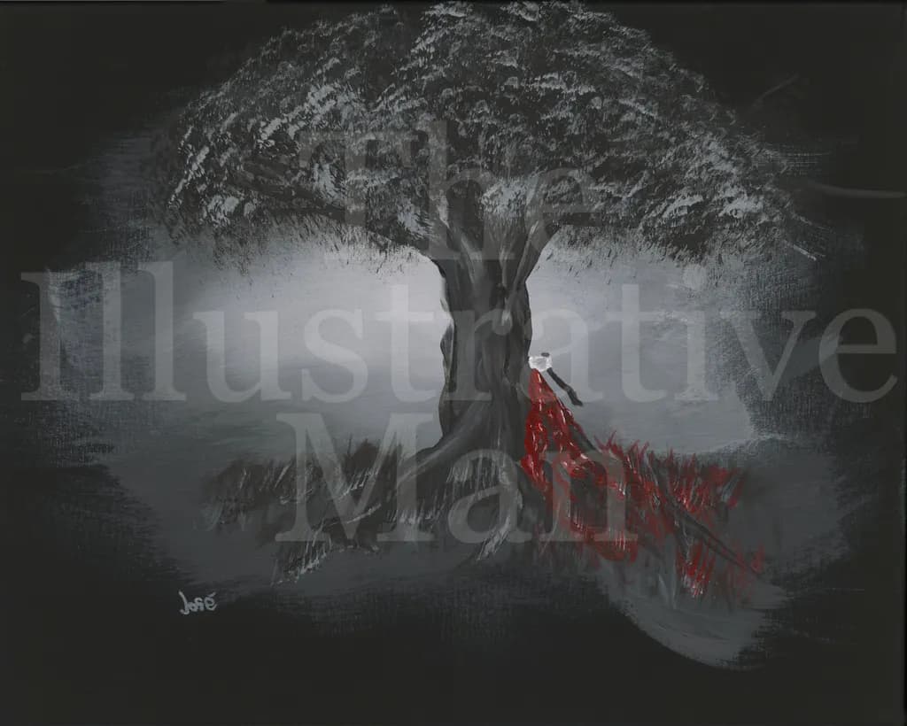 Crimson Figure Beneath the Tree