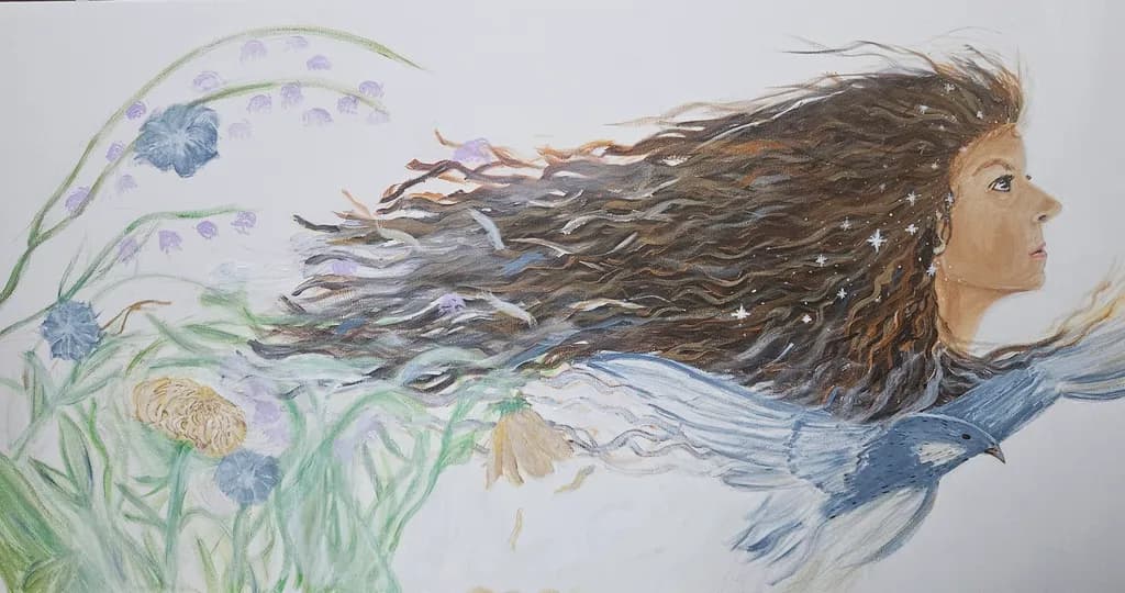 Windborne Woman and Bird