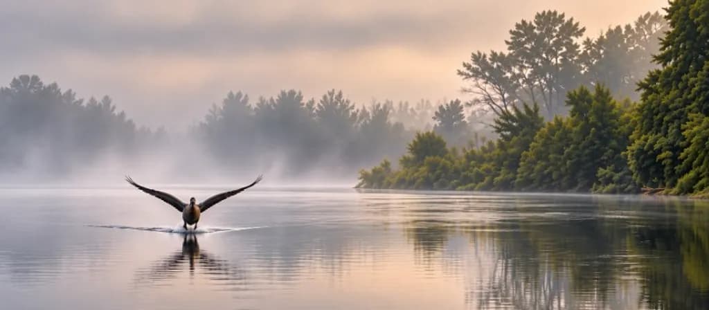 Bird Over Misty River